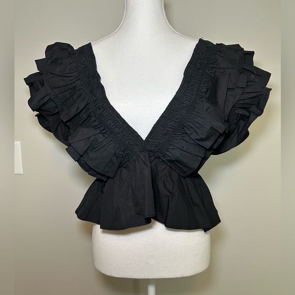 Nasty Gal ruffle pointed dramatic shoulder puff black peplum deep v-neck fashion - Picture 6 of 11
